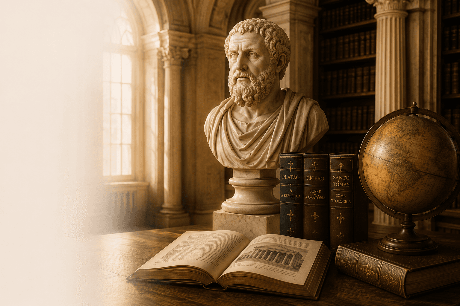 Busto clássico, livros antigos e globo