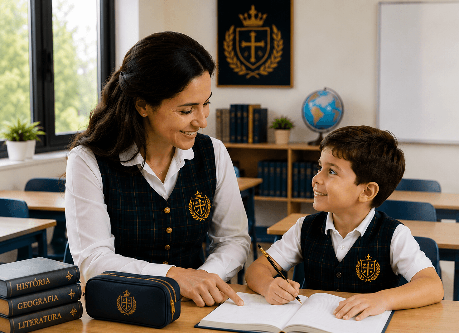 Professora orientando aluno em sala de aula