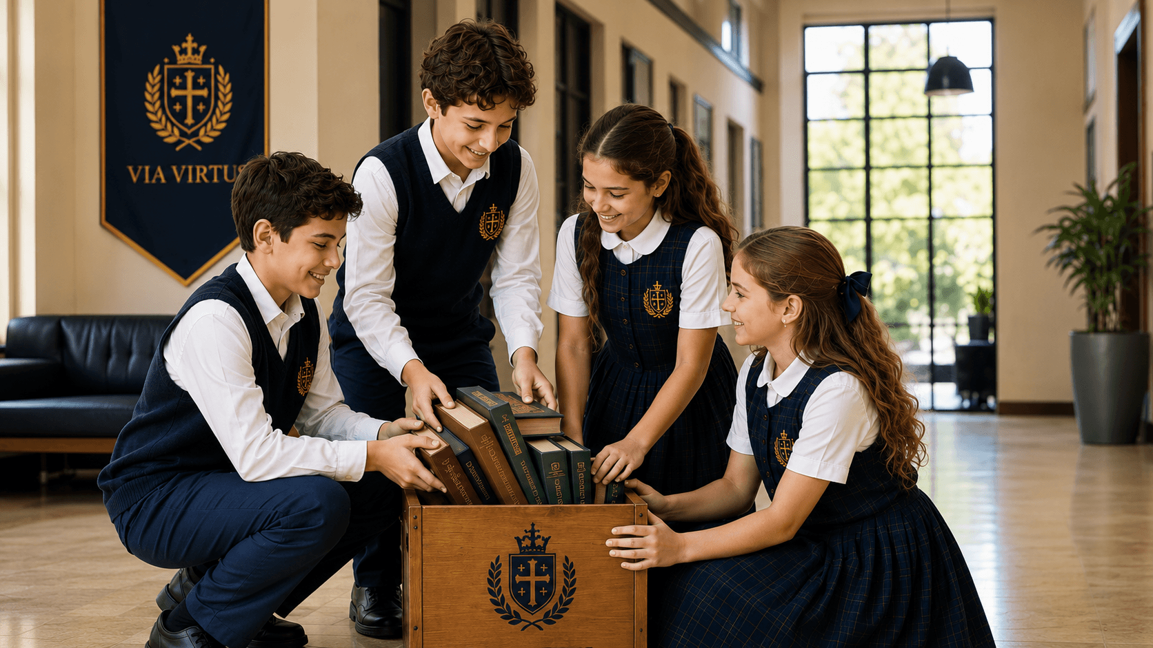 Alunos organizando livros em corredor escolar